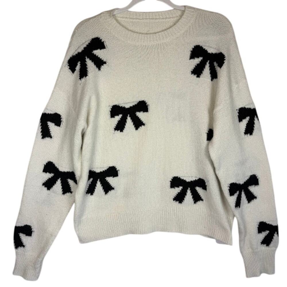 NWT AMY Boutique Women Sweater White Black Bow Knot Crew Neck Knit Pullover M